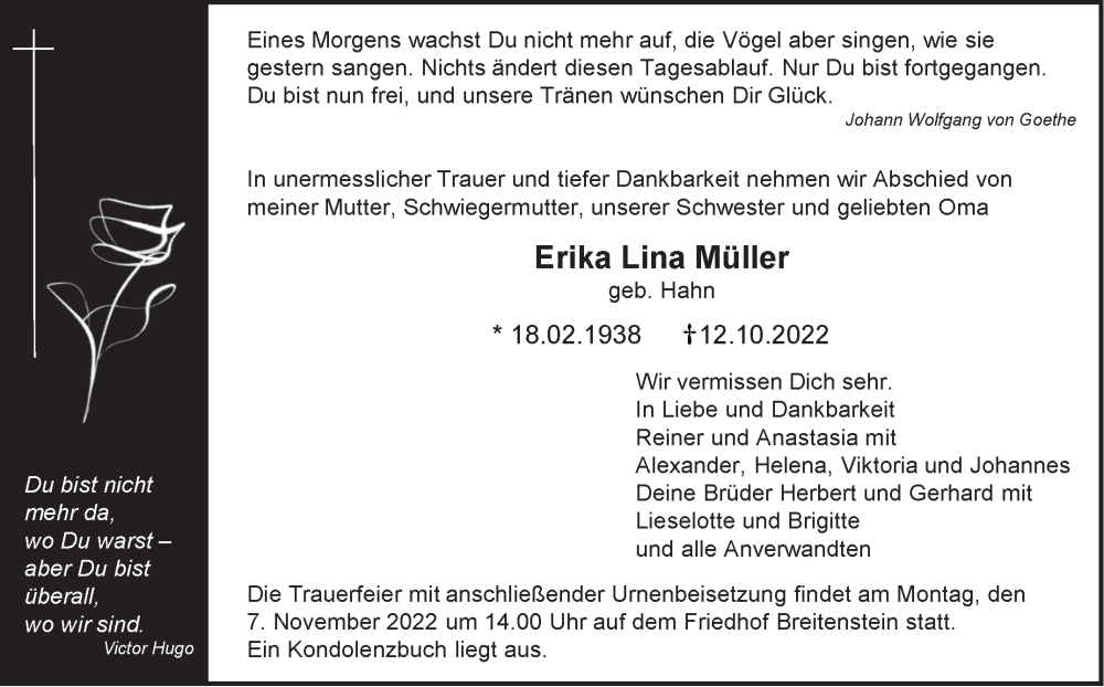  Traueranzeige für Erika Lina Müller vom 27.10.2022 aus Leonberger Kreiszeitung / Strohgäu Extra