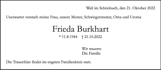 Traueranzeige von Frieda Burkhart von Leonberger Kreiszeitung / Strohgäu Extra