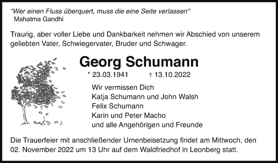 Traueranzeige von Georg Schumann von Leonberger Kreiszeitung / Strohgäu Extra