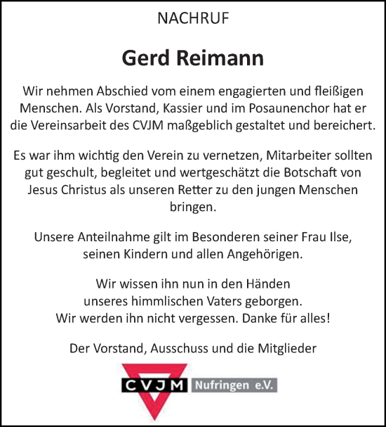 Traueranzeige von Gerd Reimann von Leonberger Kreiszeitung / Strohgäu Extra