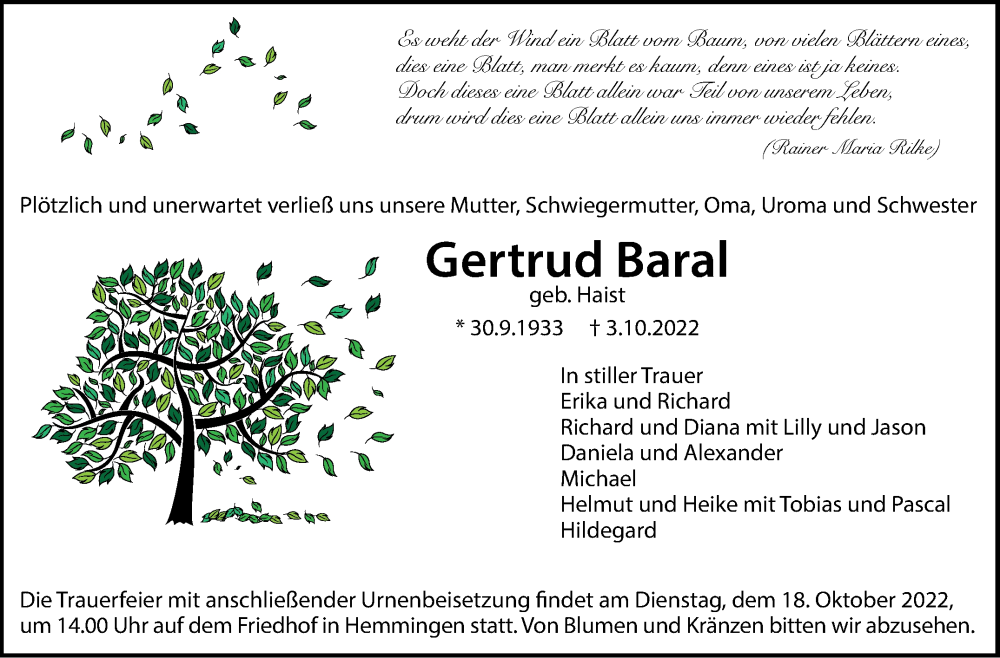  Traueranzeige für Gertrud Baral vom 15.10.2022 aus Leonberger Kreiszeitung / Strohgäu Extra