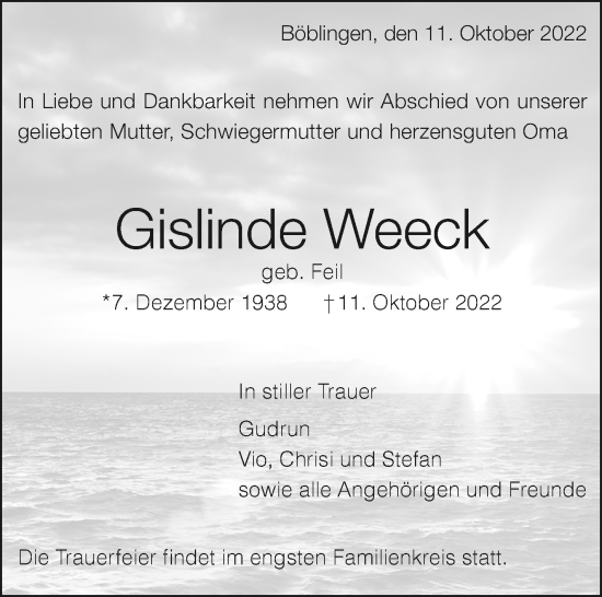Traueranzeige von Gislinde Weeck von Leonberger Kreiszeitung / Strohgäu Extra