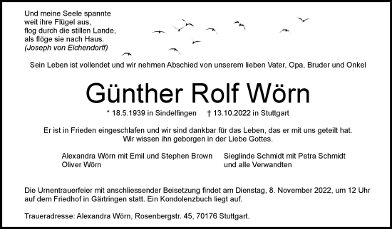Traueranzeige von Günther Rolf Wörn von Leonberger Kreiszeitung / Strohgäu Extra