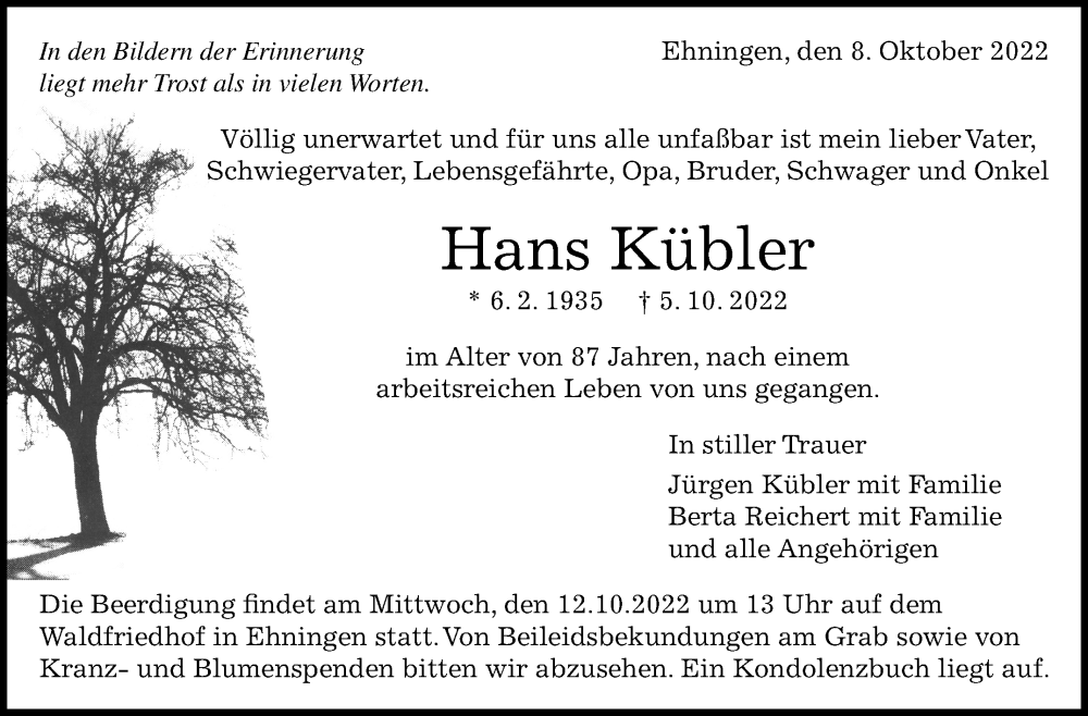  Traueranzeige für Hans Kübler vom 08.10.2022 aus Leonberger Kreiszeitung / Strohgäu Extra
