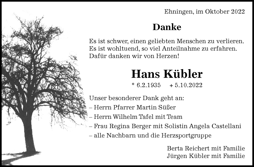  Traueranzeige für Hans Kübler vom 26.10.2022 aus Leonberger Kreiszeitung / Strohgäu Extra