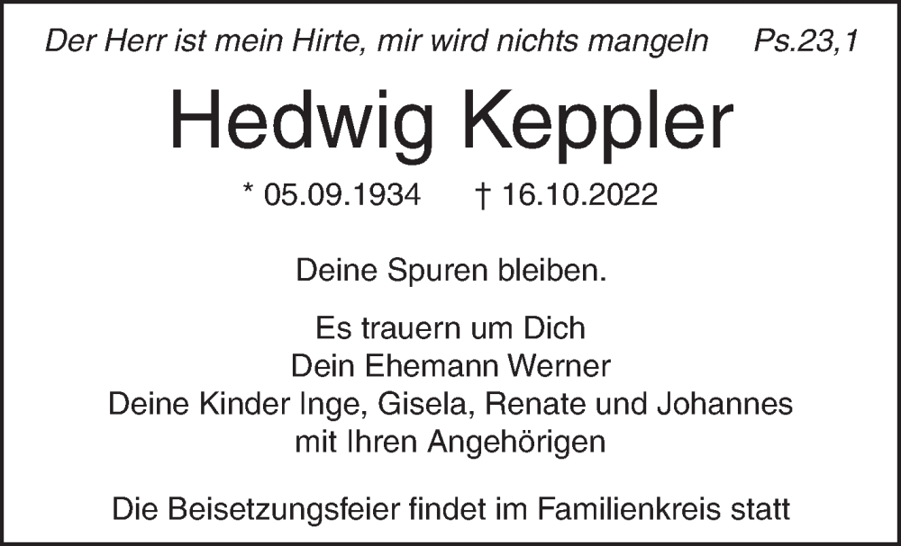  Traueranzeige für Hedwig Keppler vom 28.10.2022 aus Leonberger Kreiszeitung / Strohgäu Extra