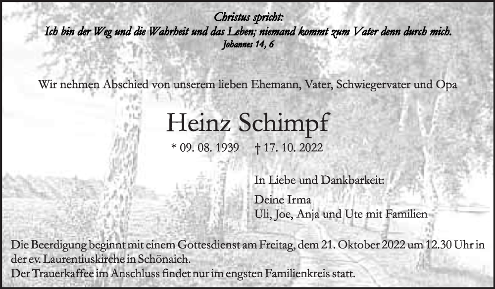  Traueranzeige für Hein Schimpf vom 20.10.2022 aus Leonberger Kreiszeitung / Strohgäu Extra