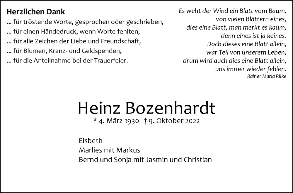  Traueranzeige für Heinz Bozenhardt vom 27.10.2022 aus Leonberger Kreiszeitung / Strohgäu Extra