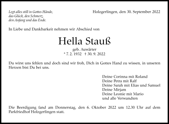 Traueranzeige von Hella Stauß von Leonberger Kreiszeitung / Strohgäu Extra