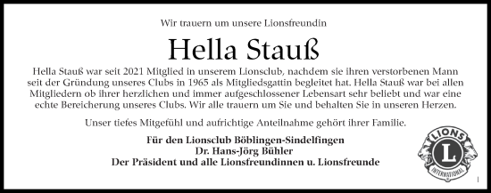 Traueranzeige von Hella Stauß von Leonberger Kreiszeitung / Strohgäu Extra