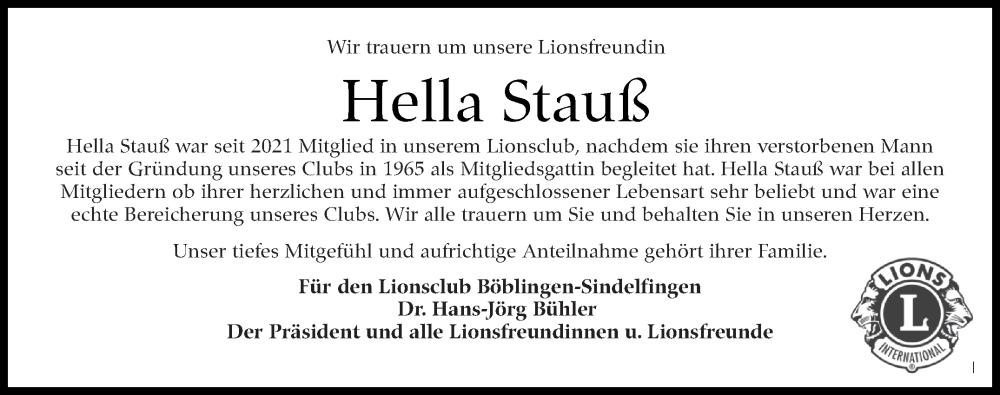  Traueranzeige für Hella Stauß vom 07.10.2022 aus Leonberger Kreiszeitung / Strohgäu Extra
