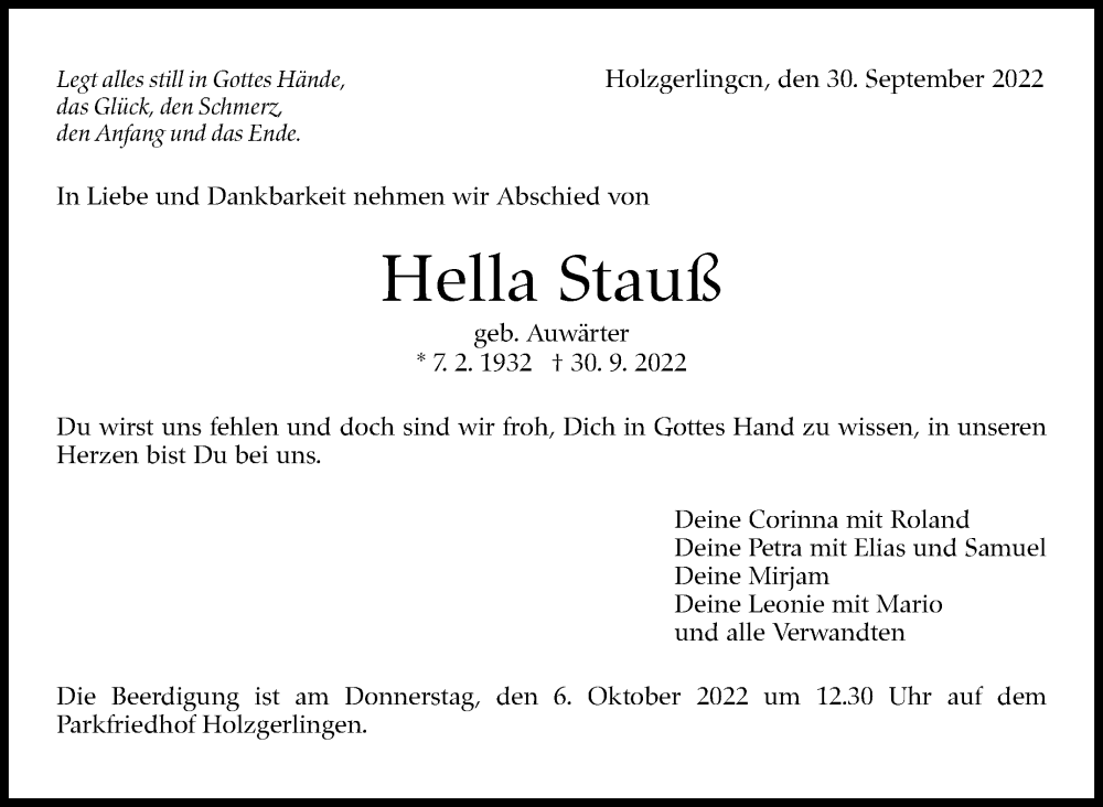  Traueranzeige für Hella Stauß vom 05.10.2022 aus Leonberger Kreiszeitung / Strohgäu Extra