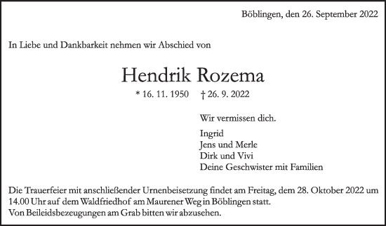 Traueranzeige von Hendrik Rozema von Leonberger Kreiszeitung / Strohgäu Extra