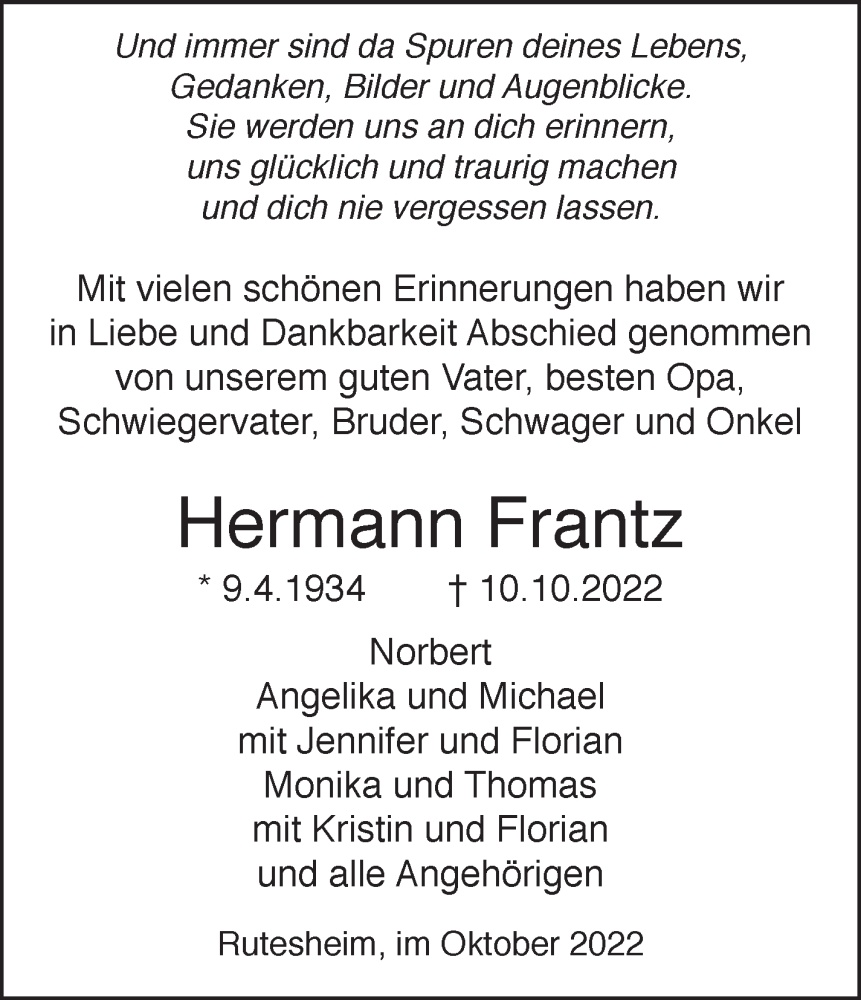  Traueranzeige für Hermann Frantz vom 22.10.2022 aus Leonberger Kreiszeitung / Strohgäu Extra