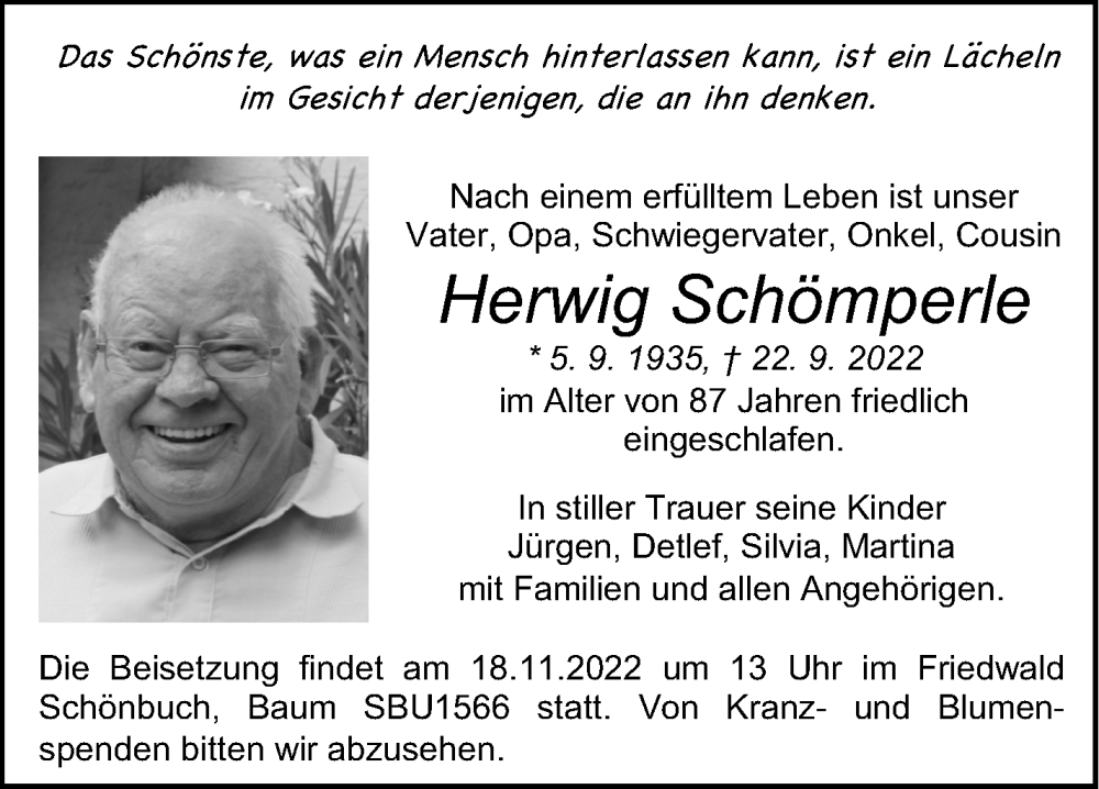  Traueranzeige für Herwig Schömperle vom 29.10.2022 aus Leonberger Kreiszeitung / Strohgäu Extra