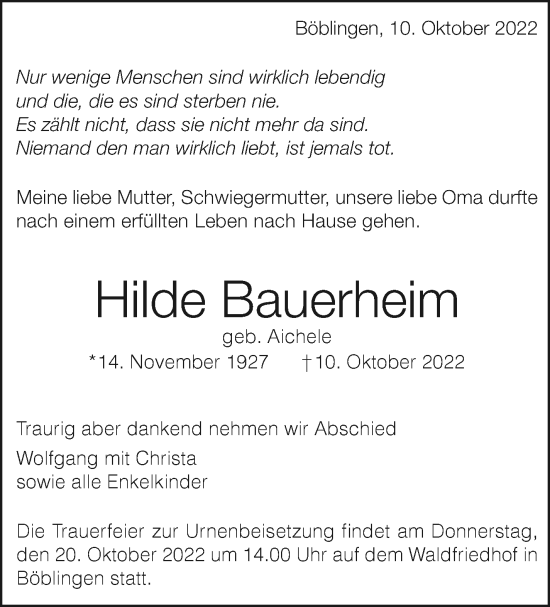 Traueranzeige von Hilde Bauerheim von Leonberger Kreiszeitung / Strohgäu Extra