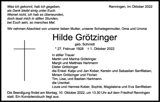 Traueranzeige von Hilde Grötzinger von Leonberger Kreiszeitung / Strohgäu Extra