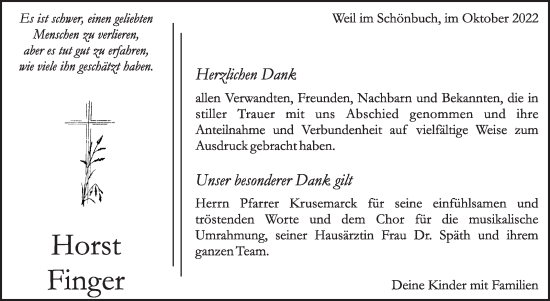 Traueranzeige von Horst Finger von Leonberger Kreiszeitung / Strohgäu Extra