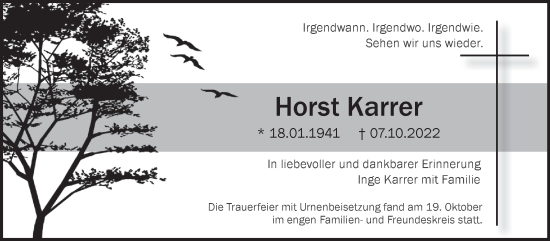 Traueranzeige von Horst Karrer von Leonberger Kreiszeitung / Strohgäu Extra