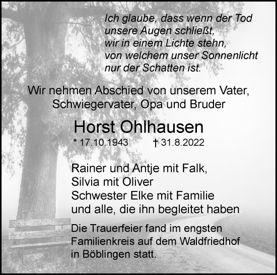 Traueranzeige von Horst Ohlhausen von Leonberger Kreiszeitung / Strohgäu Extra