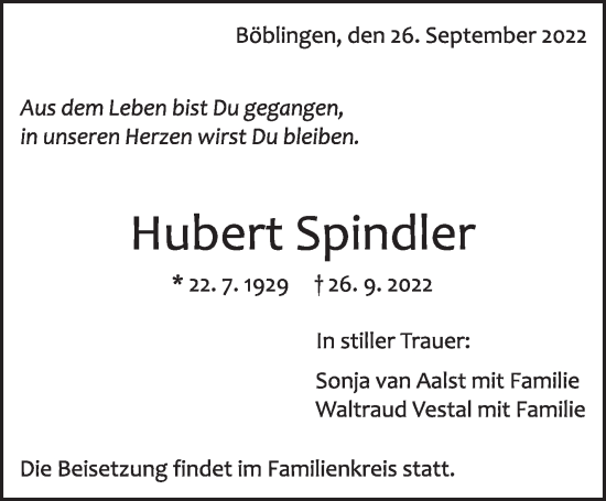 Traueranzeige von Hubert Spindler von Leonberger Kreiszeitung / Strohgäu Extra