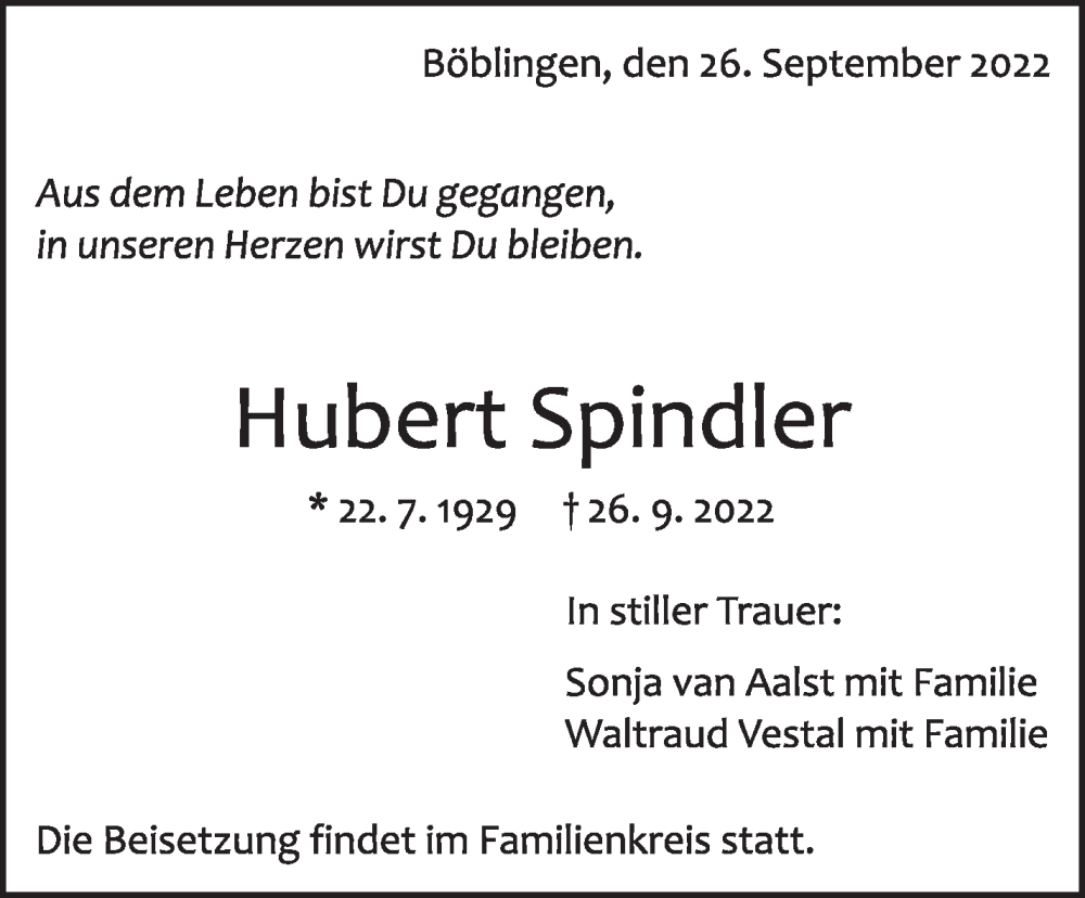  Traueranzeige für Hubert Spindler vom 14.10.2022 aus Leonberger Kreiszeitung / Strohgäu Extra