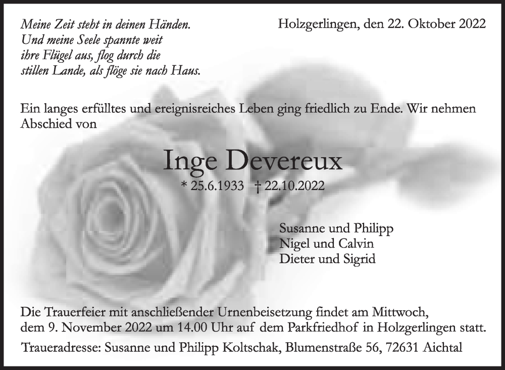  Traueranzeige für Inge Devereux vom 29.10.2022 aus Leonberger Kreiszeitung / Strohgäu Extra