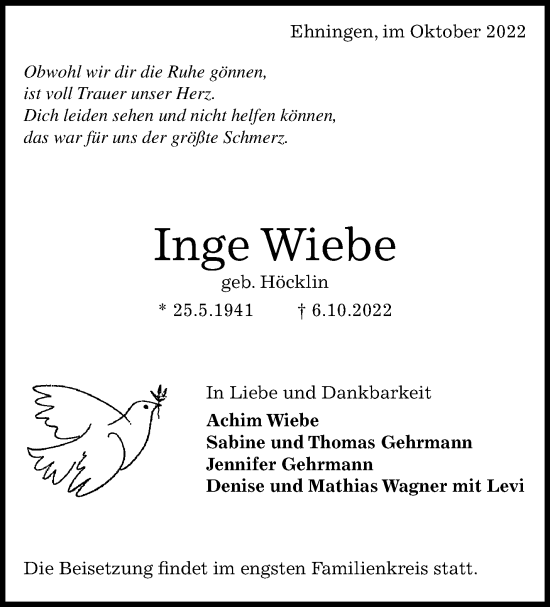 Traueranzeige von Inge Wiebe von Leonberger Kreiszeitung / Strohgäu Extra