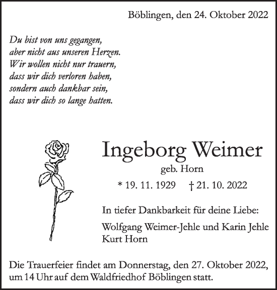 Traueranzeige von Ingeborg Weimer von Leonberger Kreiszeitung / Strohgäu Extra