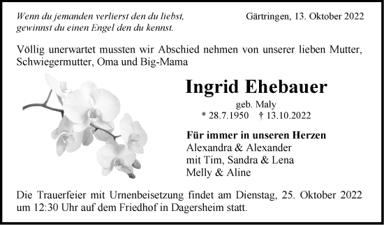 Traueranzeige von Ingrid Ehebauer von Leonberger Kreiszeitung / Strohgäu Extra