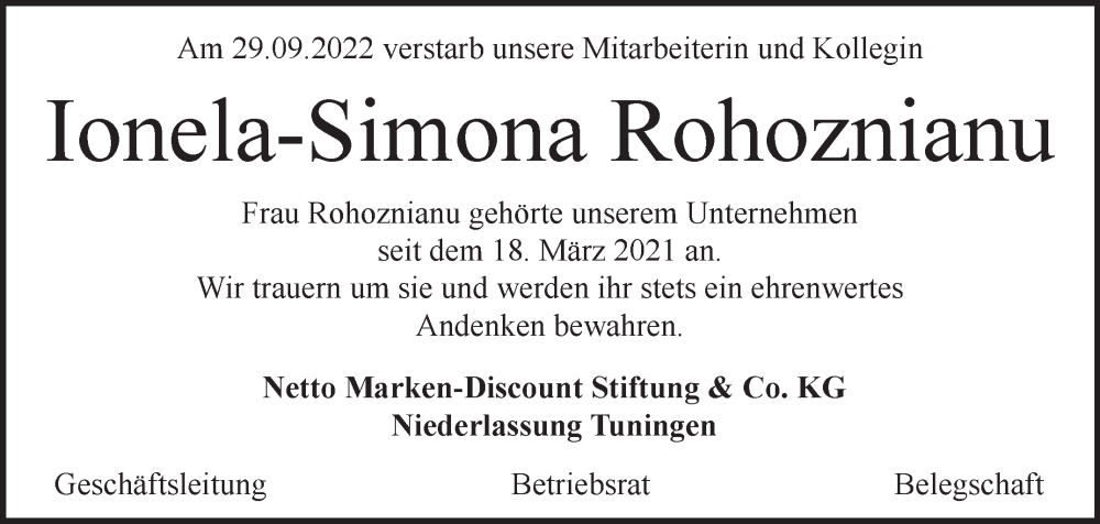  Traueranzeige für Ionela-Simona Rohoznianu vom 15.10.2022 aus Leonberger Kreiszeitung / Strohgäu Extra