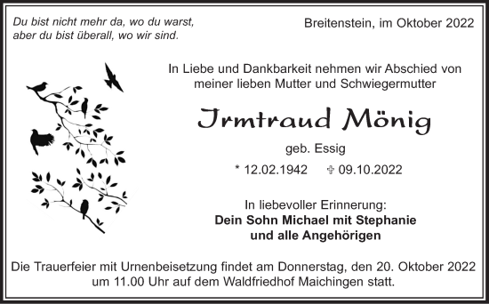 Traueranzeige von Irmtraud Mönig von Leonberger Kreiszeitung / Strohgäu Extra