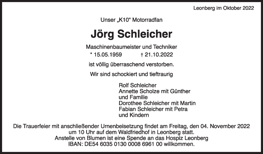  Traueranzeige für Jörg Schleicher vom 29.10.2022 aus Leonberger Kreiszeitung / Strohgäu Extra