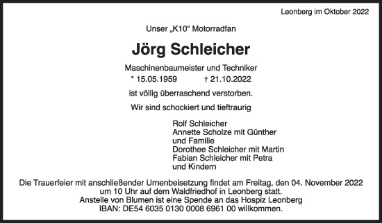 Traueranzeige von Jörg Schleicher von Leonberger Kreiszeitung / Strohgäu Extra