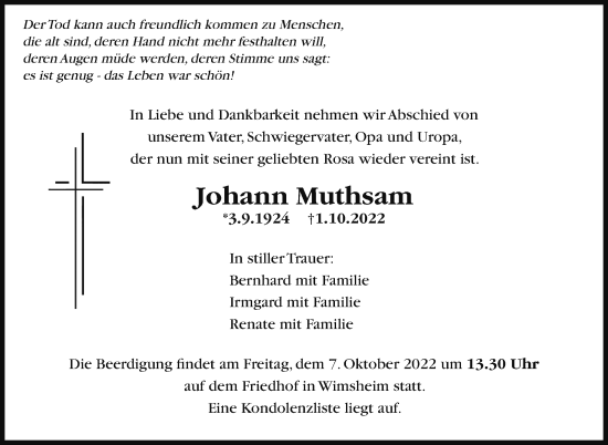 Traueranzeige von Johann Muthsam von Leonberger Kreiszeitung / Strohgäu Extra