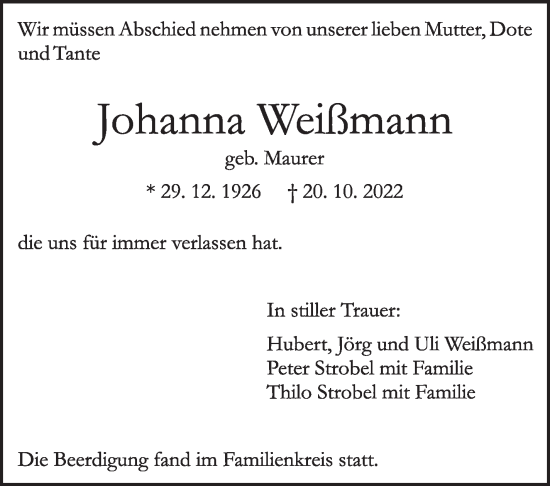Traueranzeige von Johanna Weißmann von Leonberger Kreiszeitung / Strohgäu Extra