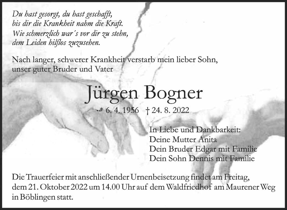  Traueranzeige für Jürgen Bogner vom 14.10.2022 aus Leonberger Kreiszeitung / Strohgäu Extra