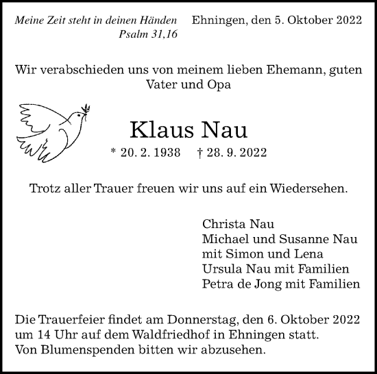 Traueranzeige von Klaus Nau von Leonberger Kreiszeitung / Strohgäu Extra