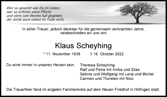 Traueranzeige von Klaus Scheyhing von Leonberger Kreiszeitung / Strohgäu Extra