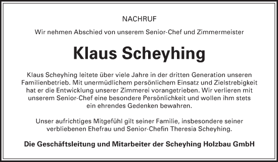 Traueranzeige von Klaus Scheyhing von Leonberger Kreiszeitung / Strohgäu Extra