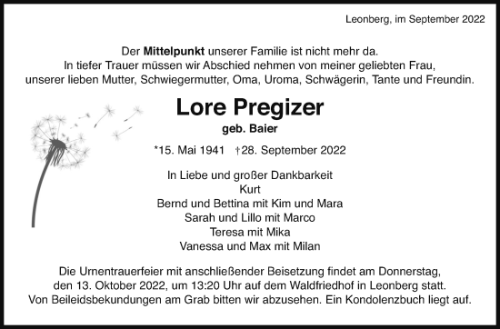 Traueranzeige von Lore Pregizer von Leonberger Kreiszeitung / Strohgäu Extra