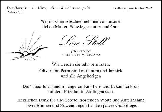 Traueranzeige von Lore Stoll von Leonberger Kreiszeitung / Strohgäu Extra