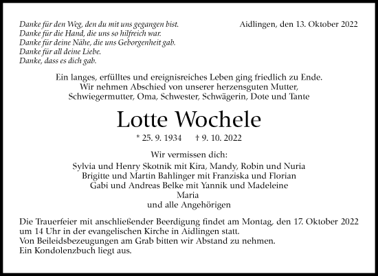 Traueranzeige von Lotte Wochele von Leonberger Kreiszeitung / Strohgäu Extra