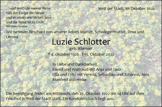 Traueranzeige von Luzie Schlotter von Leonberger Kreiszeitung / Strohgäu Extra