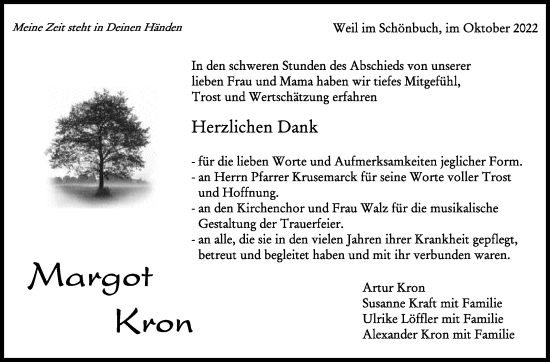 Traueranzeige von Margot Kron von Leonberger Kreiszeitung / Strohgäu Extra