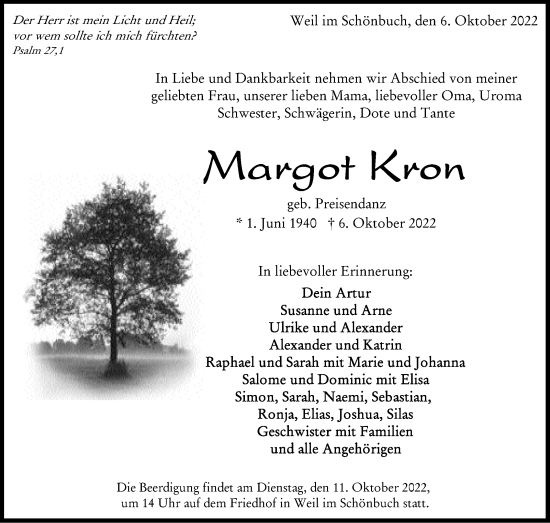 Traueranzeige von Margot Kron von Leonberger Kreiszeitung / Strohgäu Extra