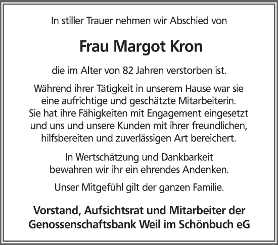Traueranzeige von Margot Kron von Leonberger Kreiszeitung / Strohgäu Extra