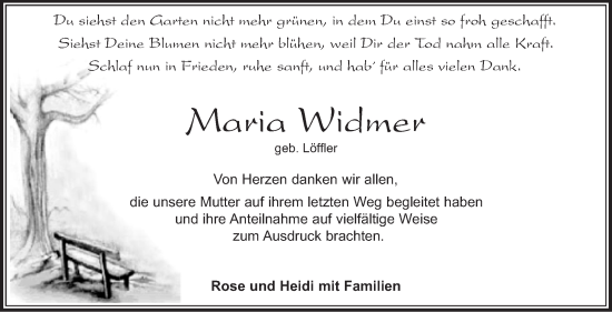 Traueranzeige von Maria Widmer von Leonberger Kreiszeitung / Strohgäu Extra