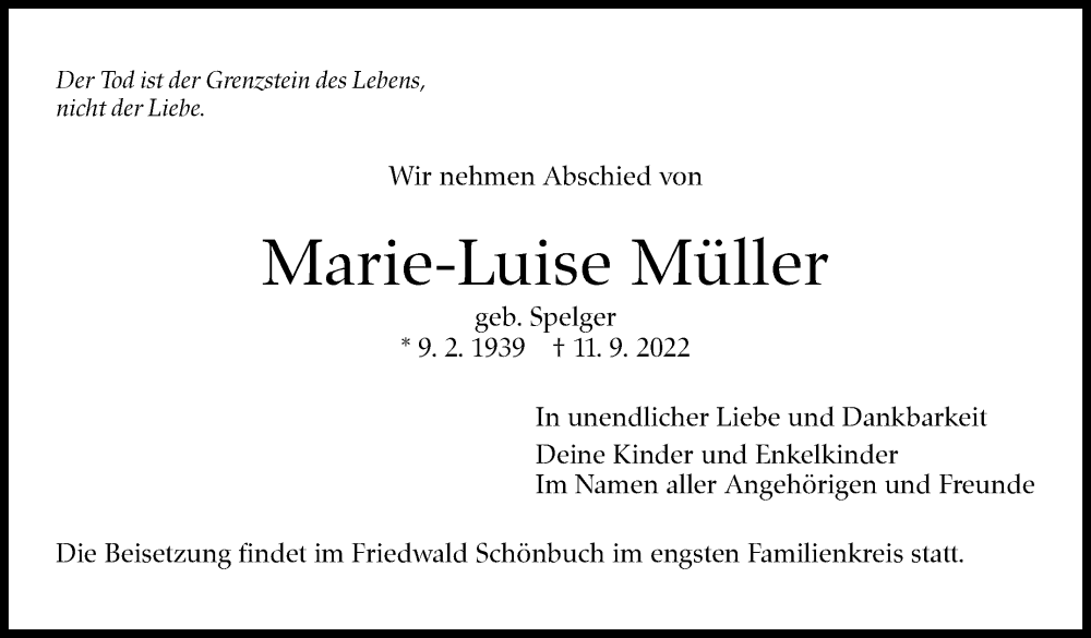  Traueranzeige für Marie-Luise Müller vom 13.10.2022 aus Leonberger Kreiszeitung / Strohgäu Extra