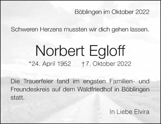 Traueranzeige von Norbert Egloff von Leonberger Kreiszeitung / Strohgäu Extra